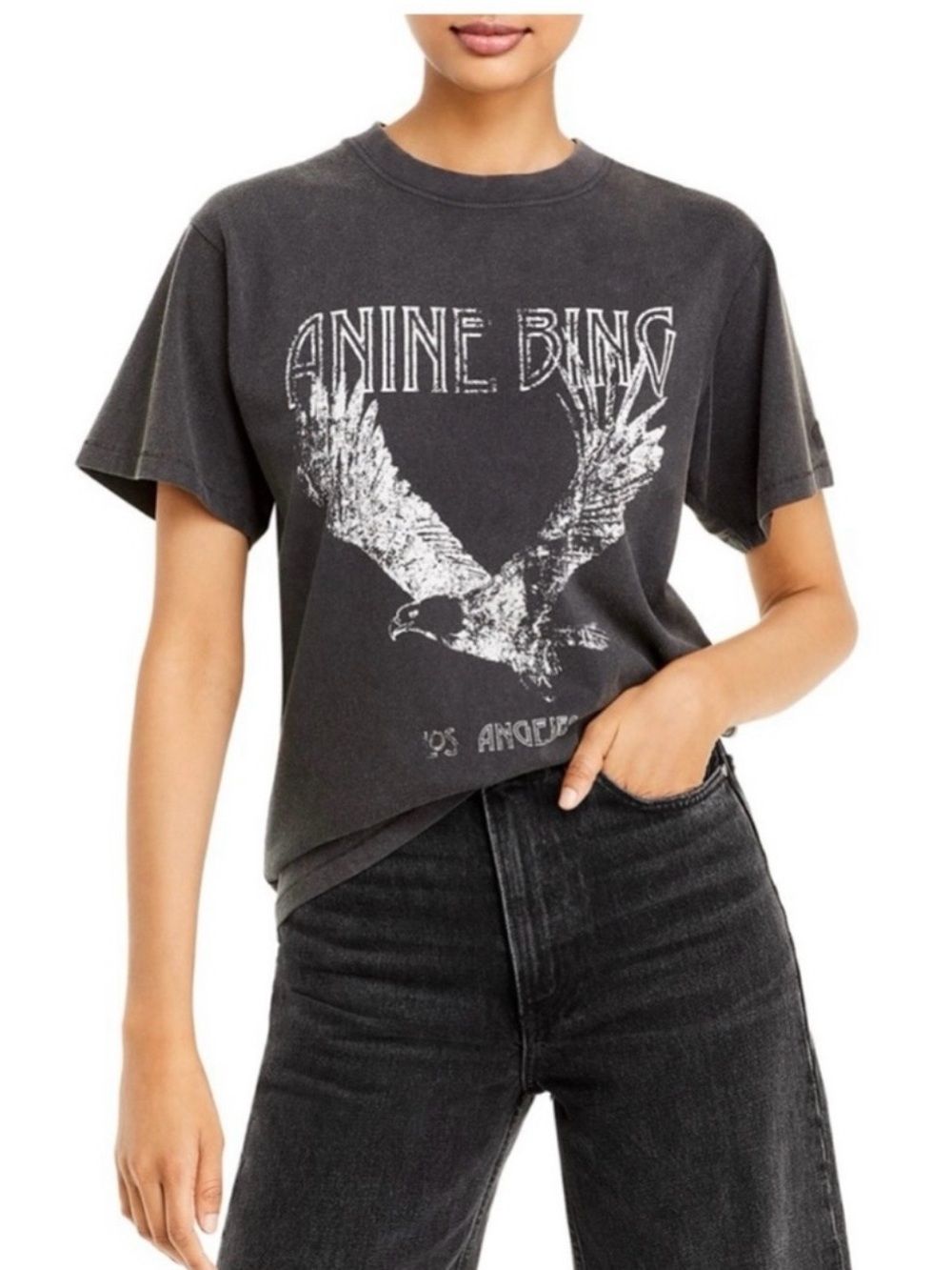 ANINE BING Eagle Graphic Tee | Washed Charcoal Grey | XS Oversized